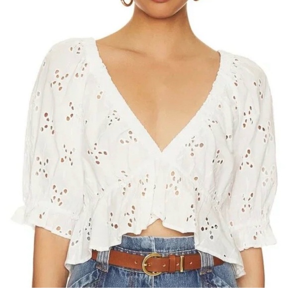 Free People Tops - Free People Gardenia White Eyelet V-Neck Cropped Blouse Top NWT Shirt Spring